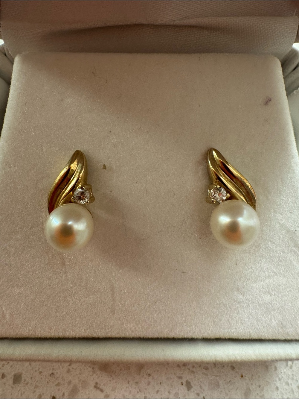 Solid 10k Yellow Gold Faux Pearl and CZ Stud Earrings - White Pearls